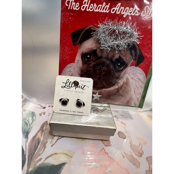 Women's Lillyput Little Things Pug Earrings & Christmas Greeting Card NWT - Picture 2 of 6